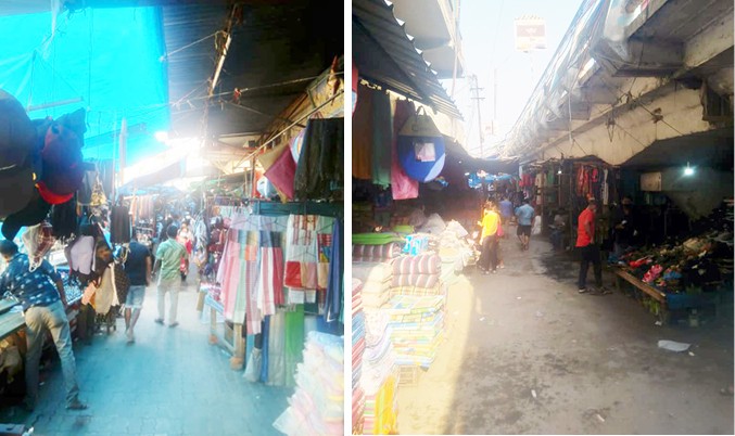 (Left) It was business as usual at the entrance to the Hongkong Market on April 24 from the Bata Chariali Junction. Here, neither ‘odd-even system’ nor ‘50% of foot path vendors’ were being followed. (Right) The situation underneath the overbridge on April 24. It is another entry point to the Hongkong Market. (Morung Photo)